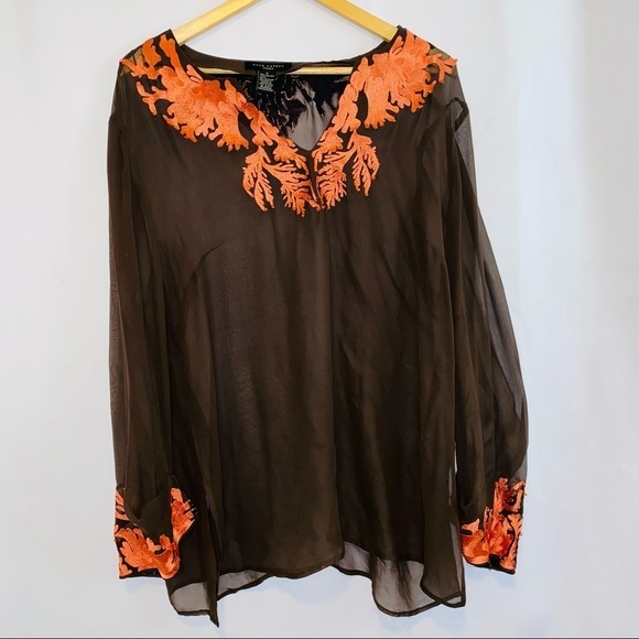 Anne Carson 100% Silk Brown Embroidered Swim Coverup Tunic Top Size 1X - Picture 5 of 8